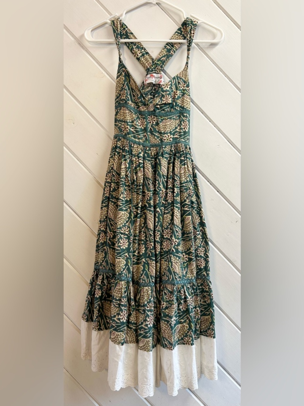 FREE PEOPLE Green Floral Halter Midi Cotton Dress with White Eyelet Trim